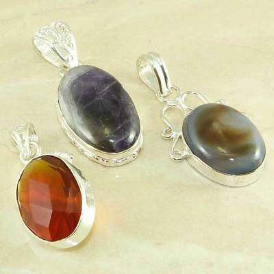 1xCHEVRON AMETHYST, 1xSUNSET ORANGE CITRINE, 1xBOTSWANA AGATE NATURAL GEMSTONE 925 SILVER PENDANTS