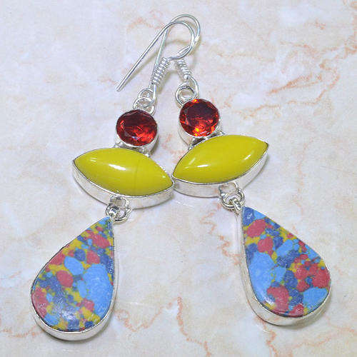 **R10 SPECIAL** MOSAIC JASPER, YELLOW AGATE & RED QUARTZ NATURAL GEMS 925 SILVER DROP EARRINGS 2.75"