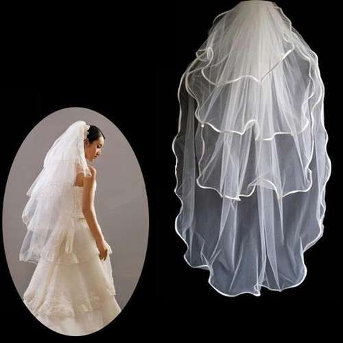 4T White Ribbon Edge Mantilla Bridal Veil - With Comb - 33.5"- O.C6