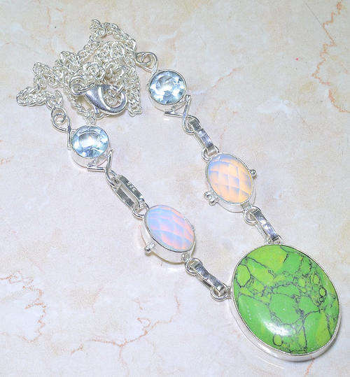 MOSAIC JASPER, OPALITE, BLUE TOPAZ NATURAL GEMSTONES 925 SILVER NECKLACE 18.5"