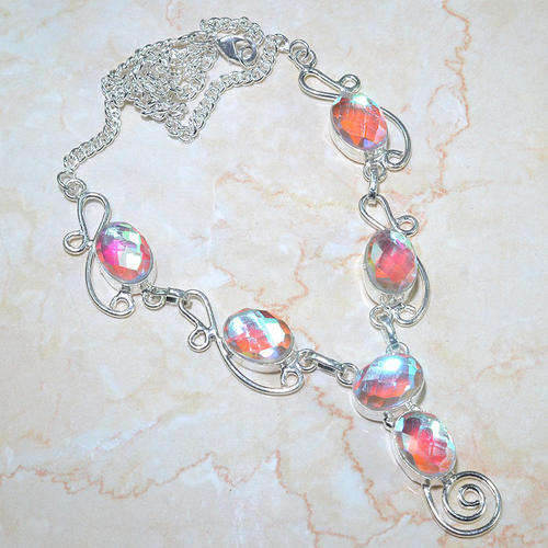 SNOOZE, YOU LOSE - CKB CUT PINK/AQUA MYSTIC TOPAZ NATURAL GEMSTONES 925 SILVER NECKLACE 19"