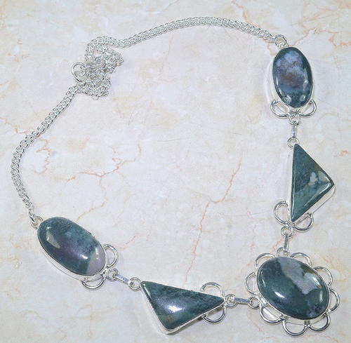 VERY UNUSUAL JASPER NATURAL GEMSTONES 925 SILVER NECKLACE 20.5"