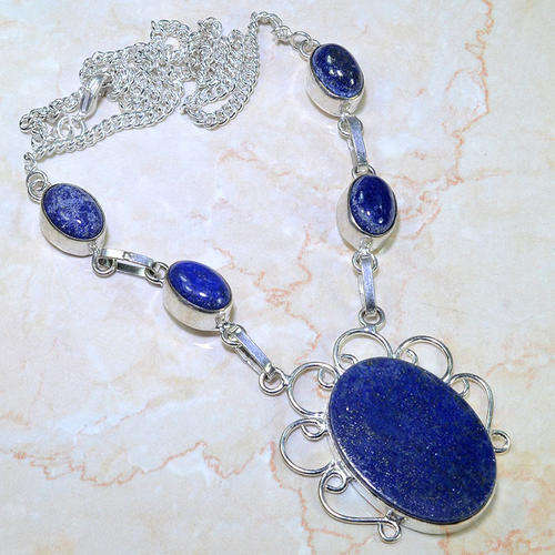 OUTSTANDING LAPIS LAZULI WITH PYRITE FLECKS NATURAL GEMSTONES 925 SILVER NECKLACE 20"