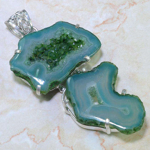 OUTSTANDING LARGE DOUBLE DRUZY NATURAL GEMSTONE 925 SILVER PENDANT 3"