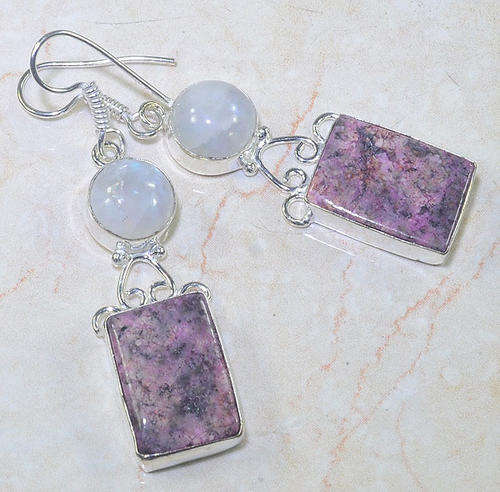 BEAUTIFUL JASPER & RAINBOW MOONSTONE NATURAL GEMSTONES 925 SILVER EARRINGS 2.5"