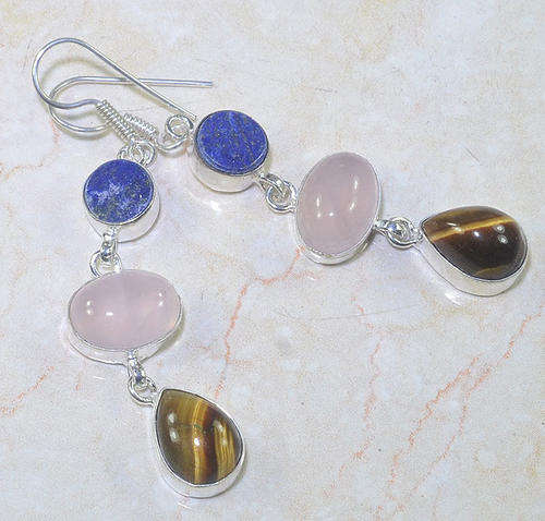 UNUSUAL TIGERS EYE, ROSE QUARTZ, LAPIS LAZULI NATURAL GEMSTONES 925 SILVER DROP EARRINGS 3"