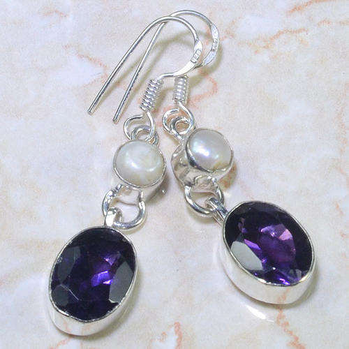REGAL PAIR PURPLE AMETHYST & RIVER PEARL NATURAL GEMSTONES 925 SILVER EARRINGS 1.75"