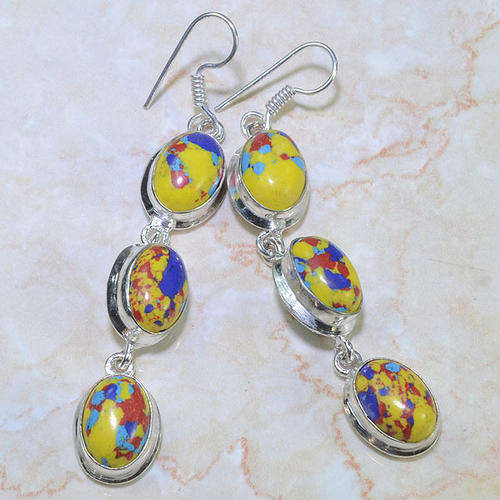 VIBRANT PAIR MOSAIC JASPER NATURAL GEMSTONES 925 SILVER DROP EARRINGS 3"