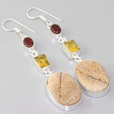 PICTURE JASPER, CITRINE, GARNET RED QUARTZ NATURAL GEMSTONES 925 SILVER EARRINGS 1.75"