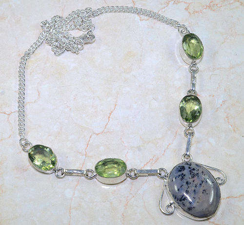 DENDRITIC OPAL & GREEN AMETHYST NATURAL GEMSTONES 925 SILVER NECKLACE 21.25"