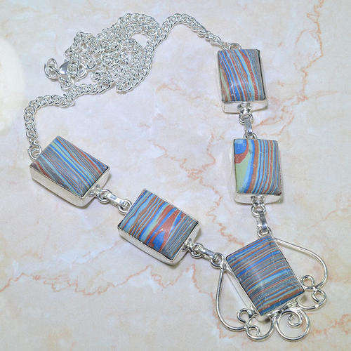 OUTSTANDING MOSAIC JASPER NATURAL GEMS 925 SILVER NECKLACE 18.5"