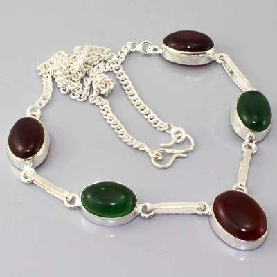 CHRISTMAS COLOURS - DEEP RED & GREEN QUARTZ NATURAL GEMSTONE 925 SILVER NECKLACE 17"