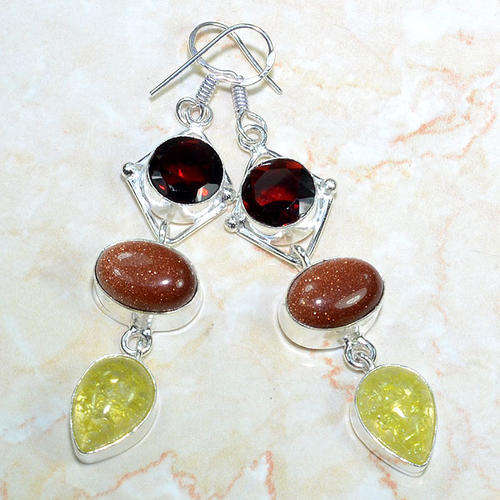SNAKESKIN QUARTZ, GOLD SUN SITARA, GARNET RED QUARTZ NATURAL GEMSTONES 925 SILVER DROP EARRINGS 2.75