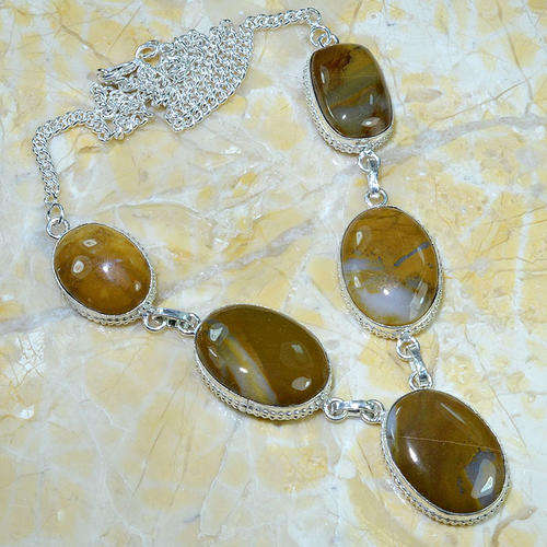 SPLENDID JASPER NATURAL GEMSTONE 925 SILVER NECKLACE 20"