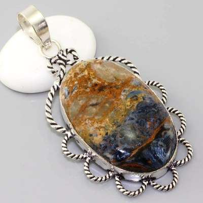 GORGEOUS VINTAGE STYLE PIETERSITE NATURAL GEMSTONE 925 SILVER PENDANT 2.5"