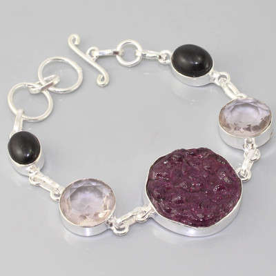 "R10 SPECIAL" MOLDAVITE, BLACK ONYX, PINK QUARTZ NATURAL GEMS 925 SILVER BRACELET 6.5-7.25"