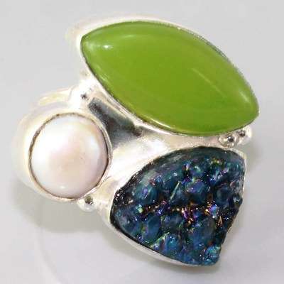 APPLE CHALCEDONY, TITANIUM DRUZY, PEARL NATURAL GEMSTONE 925 SILVER RING #6