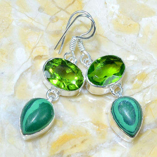 UNUSUAL PERIDOT GREEN QUARTZ & MALACHITE NATURAL GEMSTONE 925 SILVER EARRINGS 2"