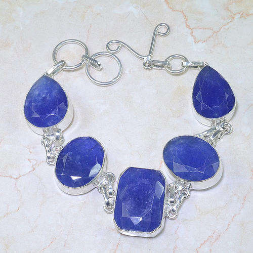 100% NATURAL EARTH MINED AFRICAN BLUE SAPPHIRE PRECIOUS GEMSTONE 925 SILVER BRACELET 7.75-8.25"