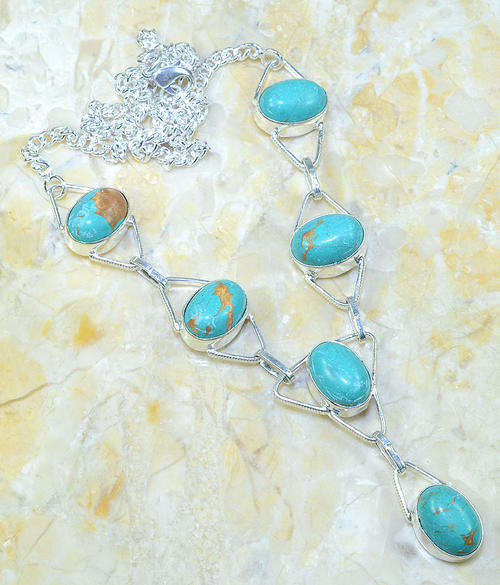 "R10 SPECIAL" SUPERIOR COPPER TURQUOISE NATURAL GEMSTONE 925 SILVER NECKLACE 20.5"