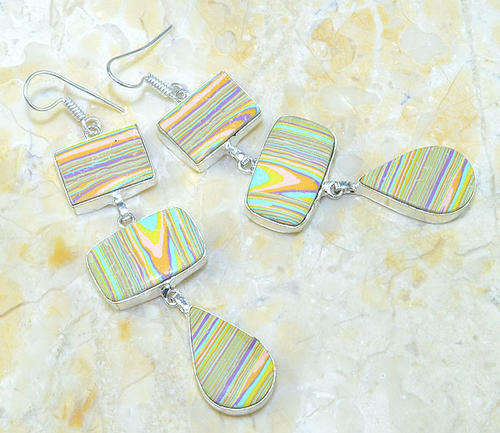 "R10 SPECIAL" DELIGHTFUL MOSAIC JASPER NATURAL GEMSTONE 925 SILVER DROP EARRINGS 3.5"