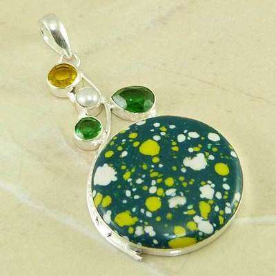 "R10 SPECIAL" MODERN MOSAIC JASPER, RIVER PEARL, CITRINE, NATURAL GEMSTONE 925 SILVER PENDANT 2.75"