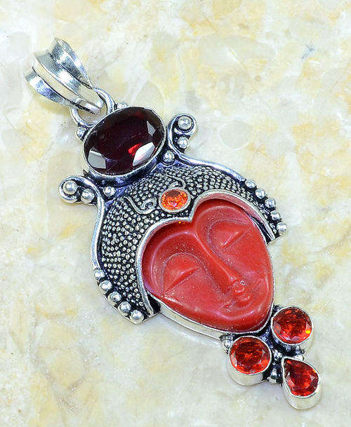MAGNIFICENT CARVED RED CORAL, GARNET RED QUARTZ NATURAL GEMSTONE 925 SILVER PENDANT 3.5"