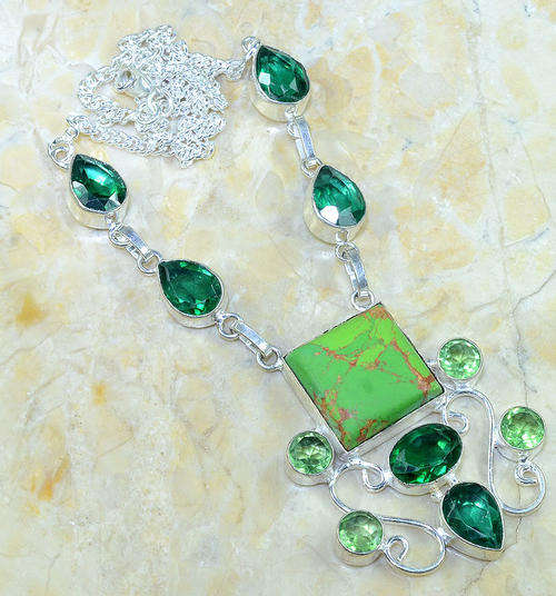 GREEN AMETHYST, GREEN QUARTZ, COPPER TURQUOISE NATURAL GEMSTONE 925 SILVER NECKLACE 19.5"