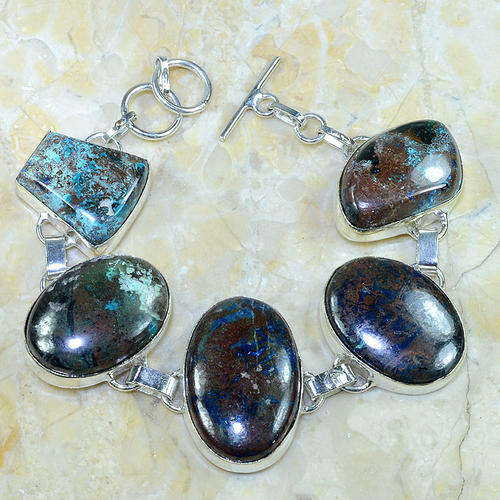 HARD TO FIND CHRYSOCOLLA NATURAL GEMSTONE 925 SILVER BRACELET 7.75-8.5"