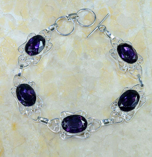 IMPERIAL BRAZILIAN PURPLE AMETHYST NATURAL GEMSTONE 925 SILVER BRACELET 8-8.75"