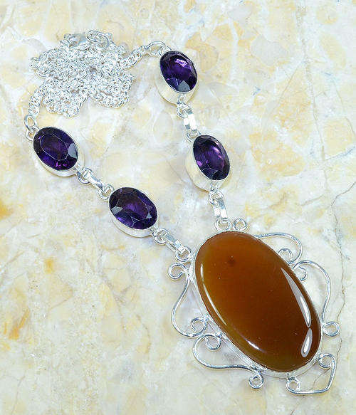 "R10 SPECIAL" FIERY CARNELIAN & PURPLE AMETHYST NATURAL GEMSTONE 925 SILVER NECKLACE 19.5"