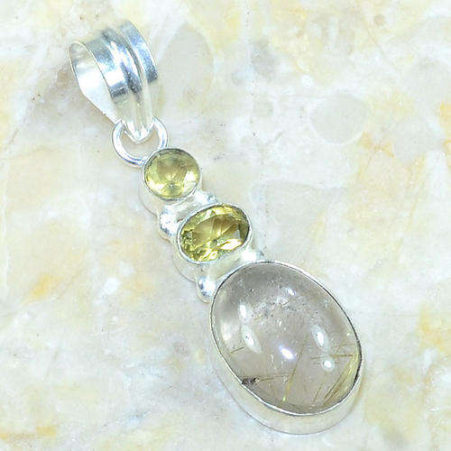 "R10 SPECIAL" RUTILATED QUARTZ, LEMON YELLOW CITRINE NATURAL GEMSTONE 925 SILVER PENDANT 1.75"