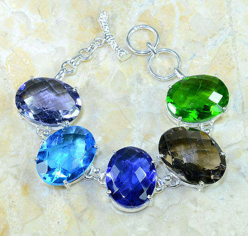 TANZANITE BLUE QUARTZ, AMETHYST, BLUE TOPAZ, SMOKEY QUARTZ, PERIDOT GREEN QUARTZ NATURAL GEM 6.25-7"