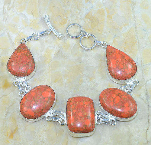 "R10 SPECIAL" VIBRANT MOSAIC JASPER NATURAL GEMSTONE 925 SILVER BRACELET 8-9"