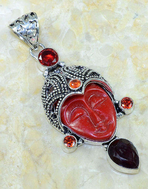 "R15 SPECIAL" CARVED RED CORAL, GARNET RED QUARTZ NATURAL GEMSTONE 925 SILVER PENDANT 3.5"