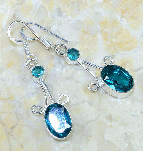 "R10 SPECIAL" IN DEMAND PARAIBA TOURMALINE QUARTZ NATURAL GEMSTONE 925 SILVER EARRINGS 2.25"