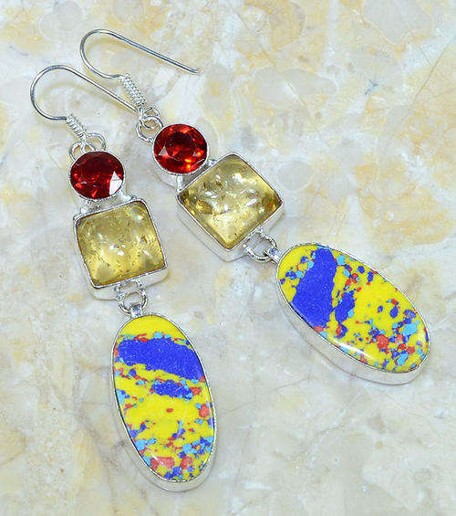 "R10 SPECIAL" MOSAIC JASPER, AMBER, GARNET RED QUARTZ NATURAL GEMS 925 SILVER DROP EARRINGS 3"