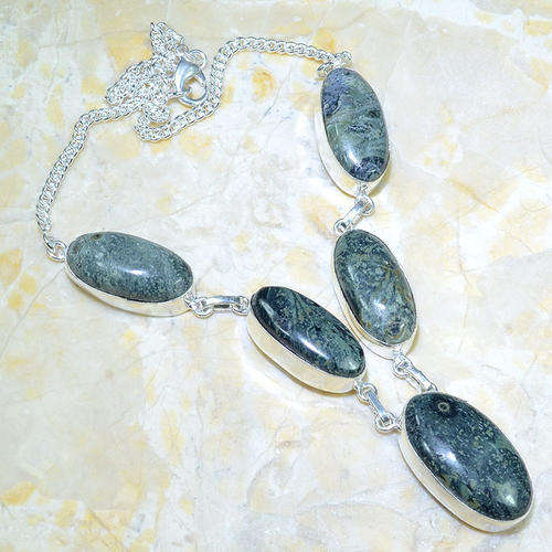 "R10 SPECIAL" TOTALLY DIVINE KAMBABA JASPER NATURAL GEMSTONE 925 SILVER NECKLACE 17"