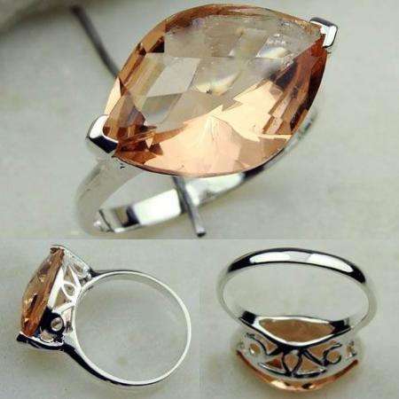 "R10 SPECIAL" CAPTIVATING CKB CUT MORGANITE PINKY/BROWN QUARTZ NATURAL GEMSTONE 925 SILVER RING #7