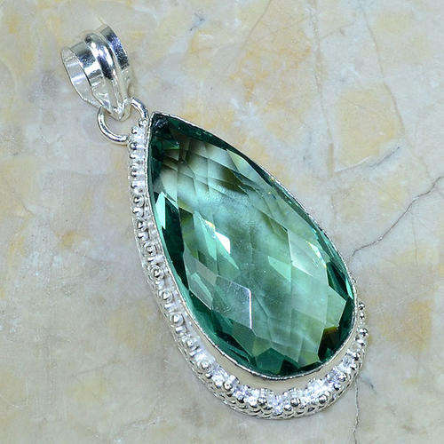 CHECKERBOARD CUT GREEN AMETHYST (PRASIOLITE) NATURAL GEMSTONE 925 SILVER PENDANT 2.5" 101ct