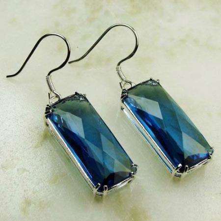 BEAUTIFUL CHECKERBOARD CUT BLUE QUARTZ NATURAL GEMSTONE 925 SILVER EARRINGS 1.75"