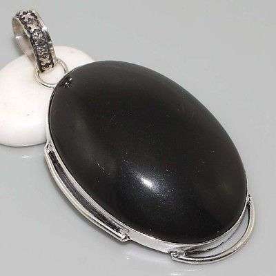 LARGE BLACK ONYX NATURAL GEMSTONE 925 SILVER PENDANT 2.75"