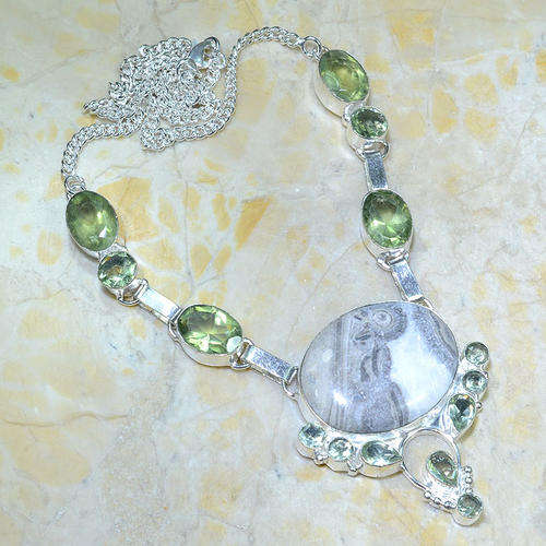 "R15 SPECIAL" FABULOUS JASPER & GREEN AMETHYST (PRASIOLITE) NATURAL GEMS 925 SILVER NECKLACE 19.5"