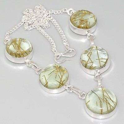 FANTASTIC GOLDEN RUTILATED QUARTZ GEMSTONES 925 SILVER NECKLACE 16"