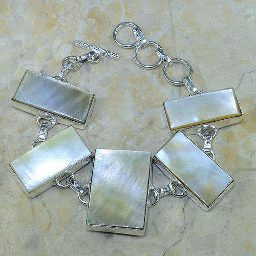 "R10 SPECIAL" EXCEPTIONAL MOTHER OF PEARL NATURAL GEMSTONE 925 SILVER BRACELET 7-8.5"