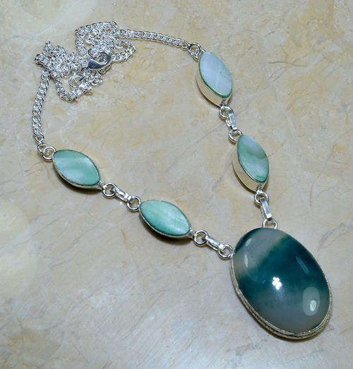 REFRESHING MOTHER OF PEARL, BOTSWANA AGATE NATURAL GEMSTONE 925 SILVER NECKLACE 20.5"