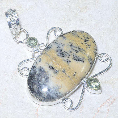 BEAUTIFUL SPECIMEN - DENDRITIC OPAL & GREEN AMETHYST NATURAL GEMSTONE 925 SILVER PENDANT 2.25"