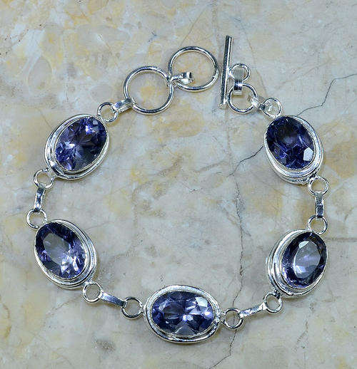 CLASSY AFRICAN PURPLE AMETHYST NATURAL GEMSTONES 925 SILVER BRACELET 7.75-8.25"