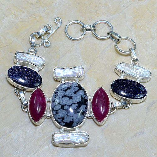 EXQUISITE SNOWFLAKE OBSIDIAN, RAW RUBY, BAROQUE PEARLS, SITARA NATURAL GEMS 925 SILVER BRACELET 7-8"