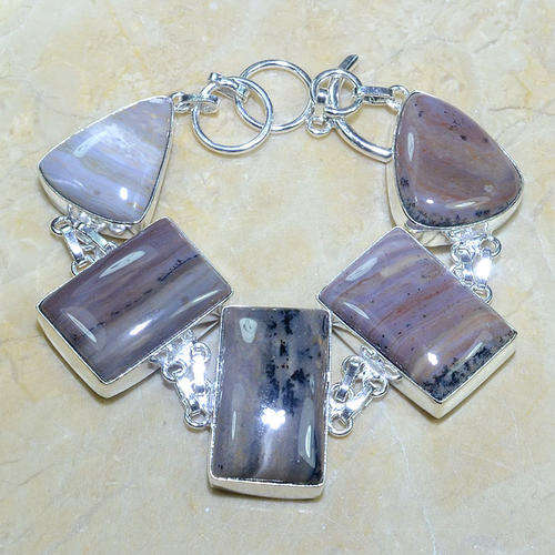 GORGEOUS DENDRITIC OPAL & AGATE NATURAL GEMSTONES 925 SILVER BRACELET 8-8.5"